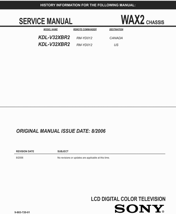 Product picture Sony LCD TV KDL-V32XBR2 Service Manual